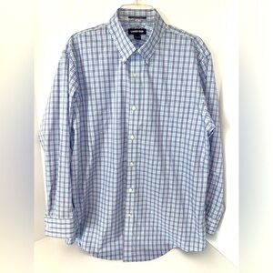 Lands' End mens No Iron blue‎ plaid long sleeve shirt Supima Cotton size 16.5